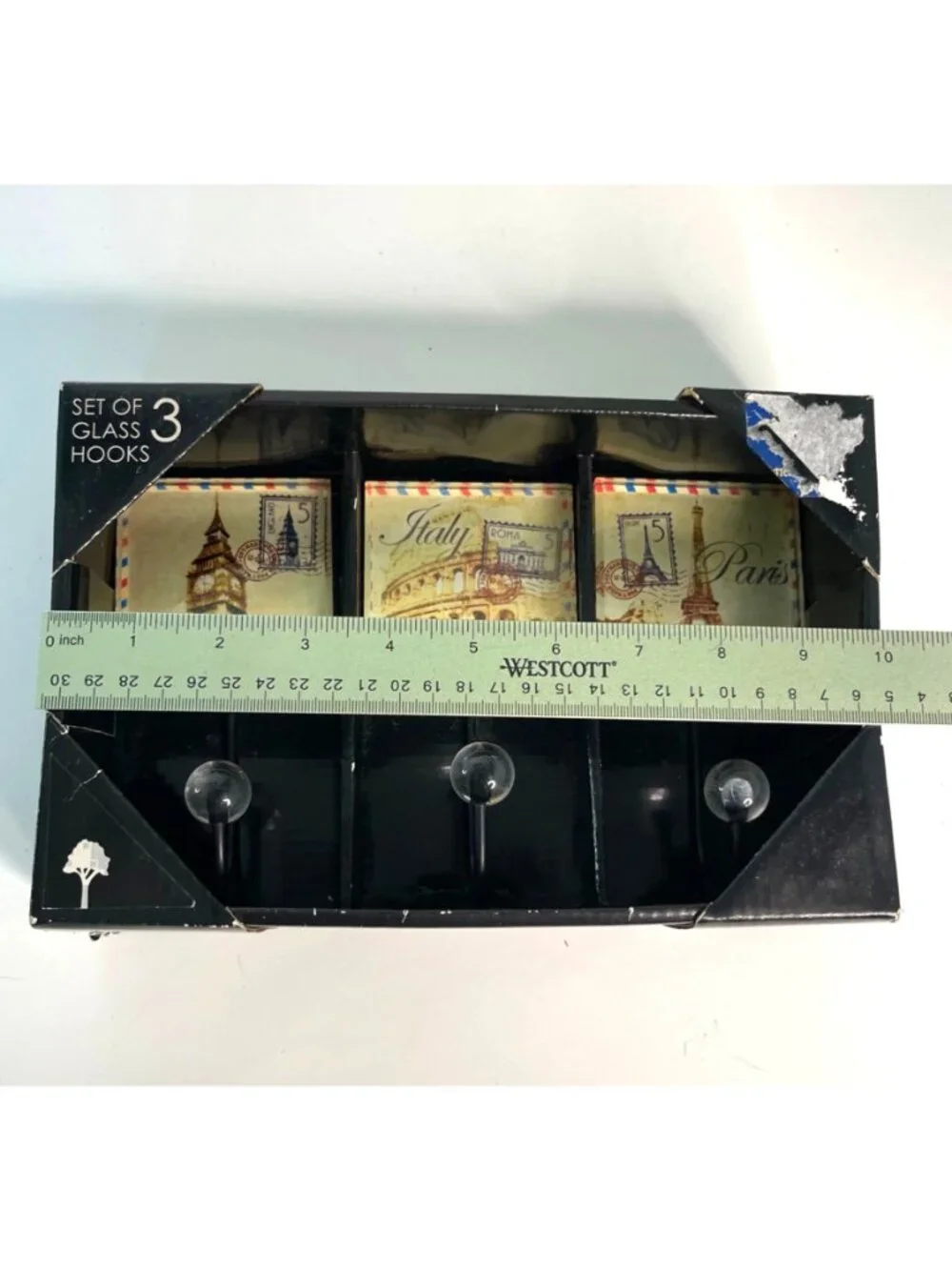 Studio 5 Decorative Glass Wall Hook Set 3 Vintage London Italy Paris New In Box